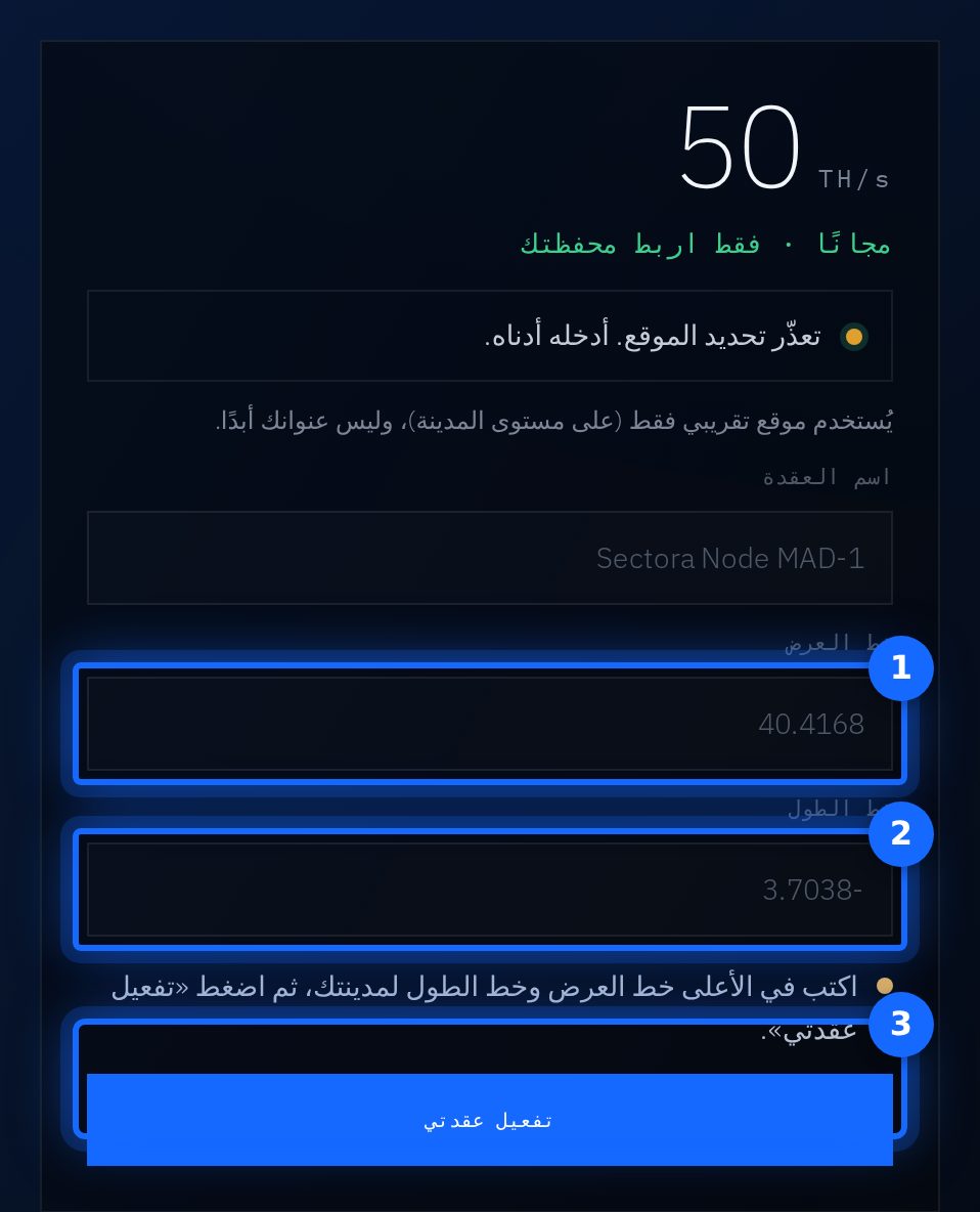 فقط عندما تعذّر اكتشاف الموقع: (1) خط العرض · (2) خط الطول · (3) تفعيل عقدتي