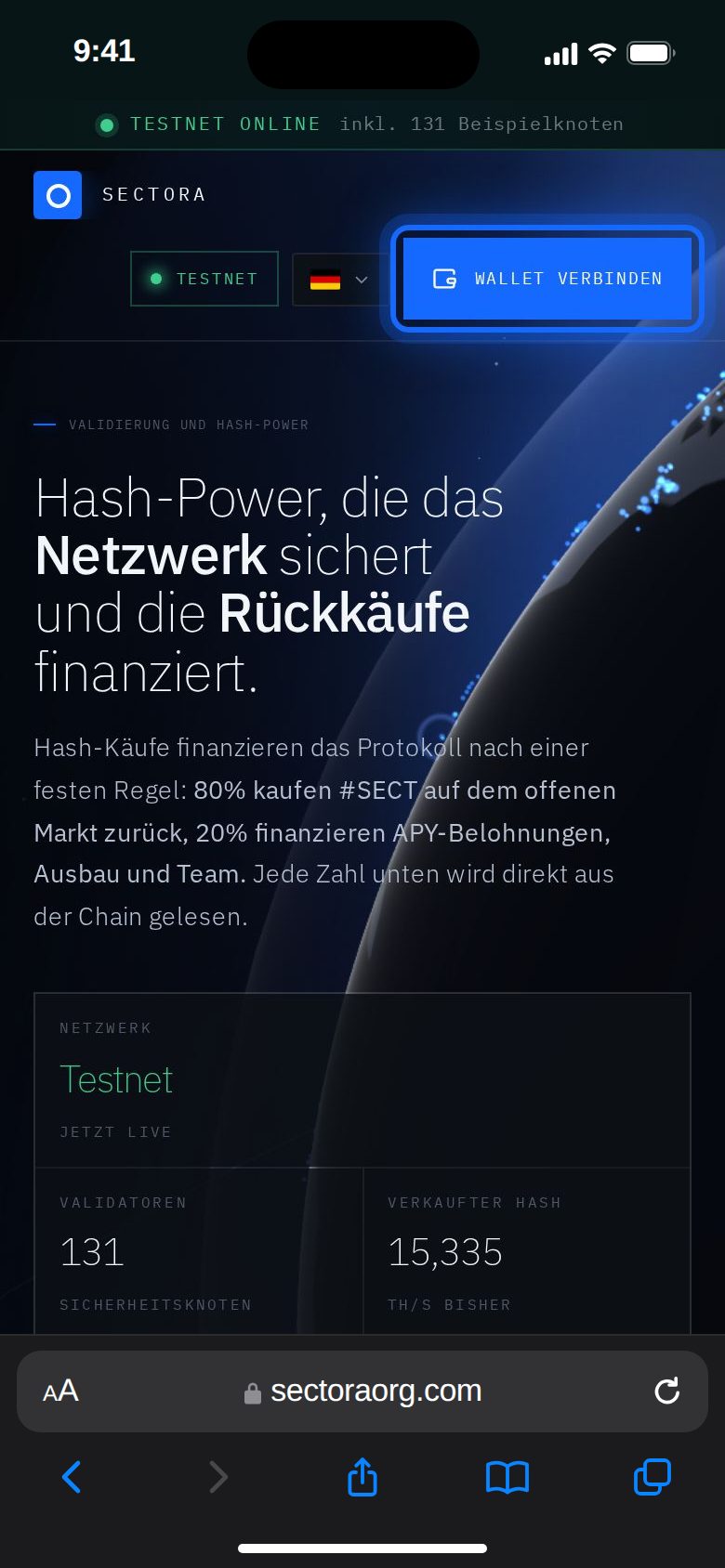 Auf dem Handy: Wallet verbinden oben.