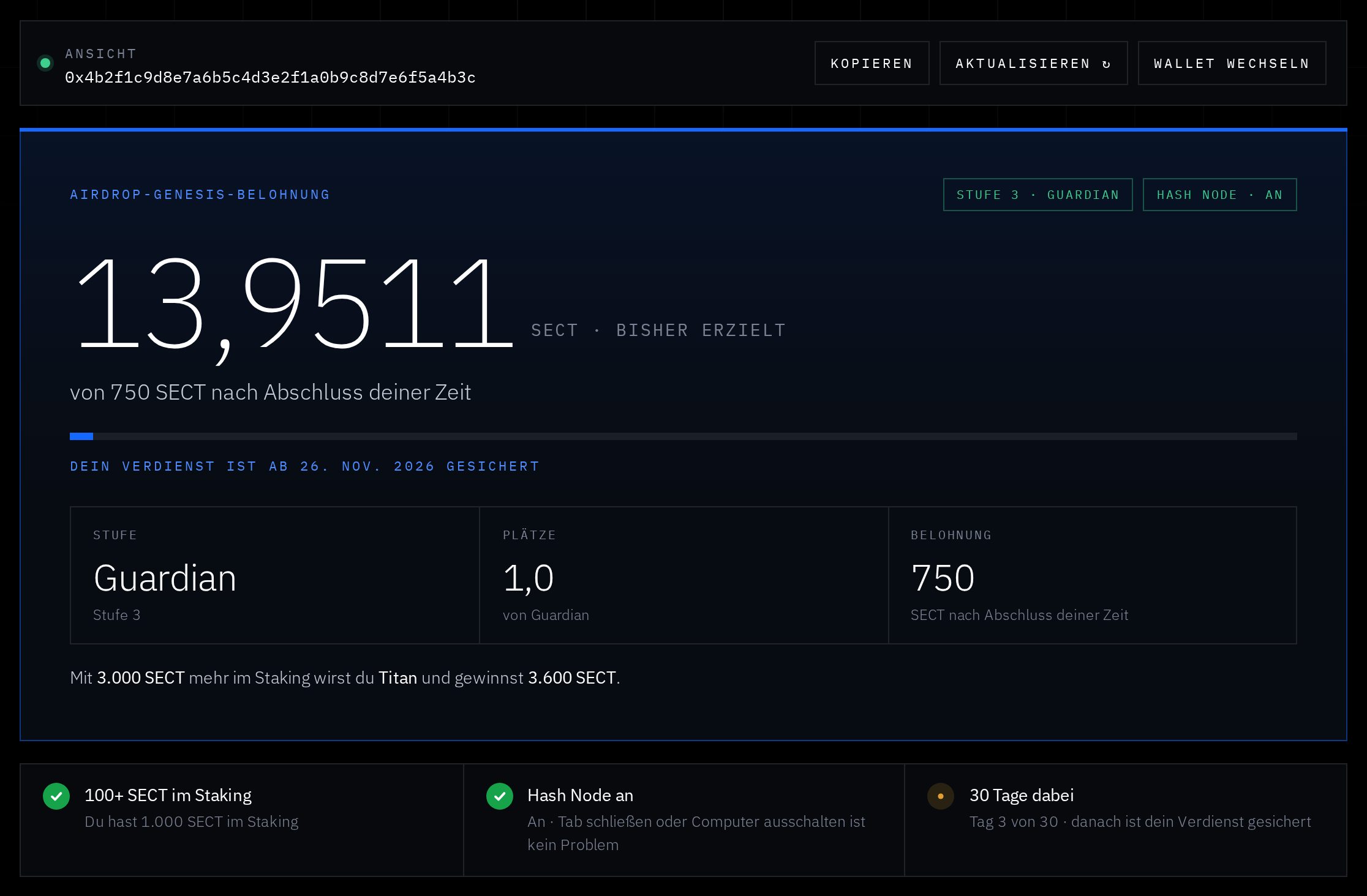 Beispiel: 1.000 #SECT gestakt = Guardian, Preis 750 SECT.