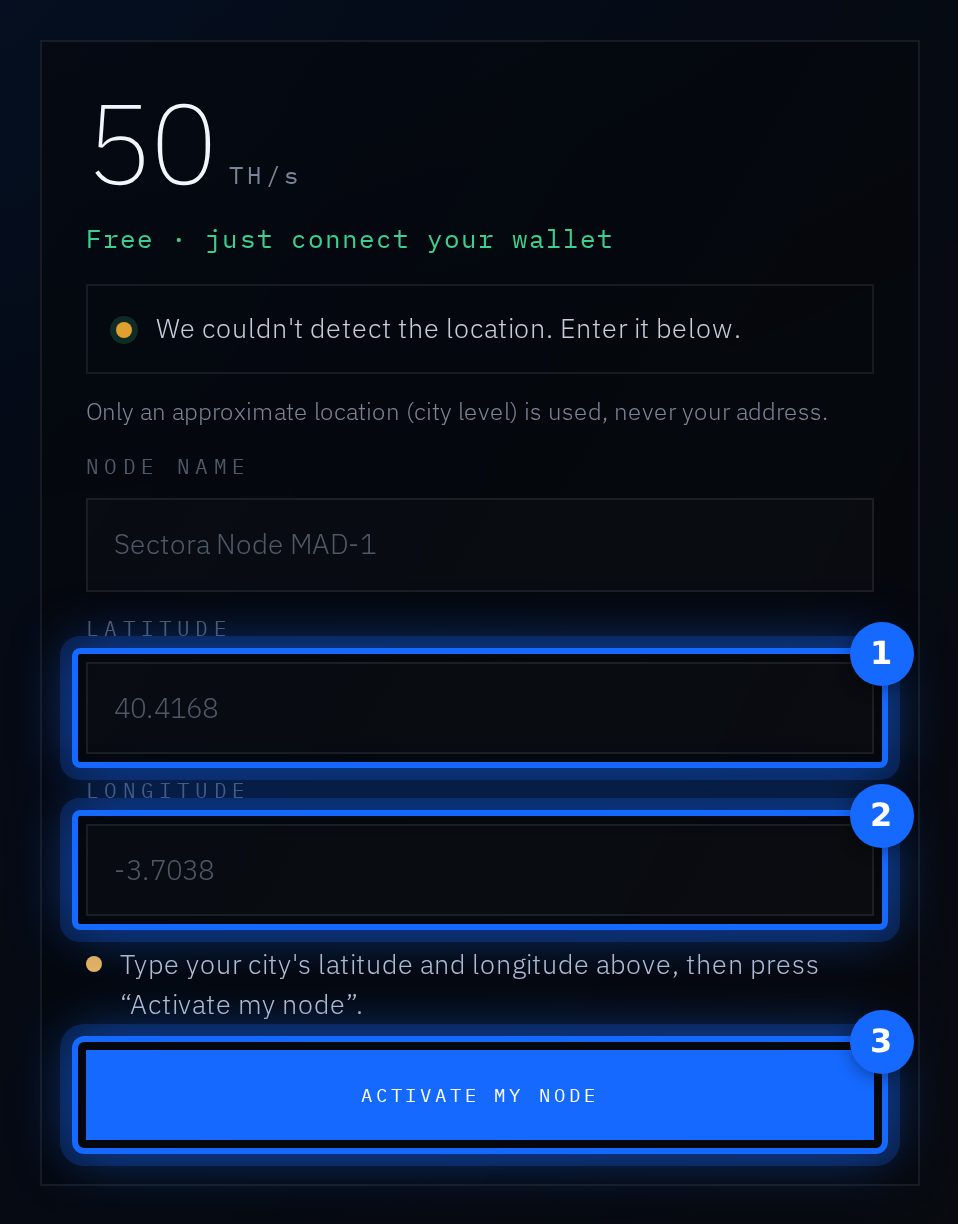 Only when the location could not be detected: (1) Latitude · (2) Longitude · (3) Activate my node