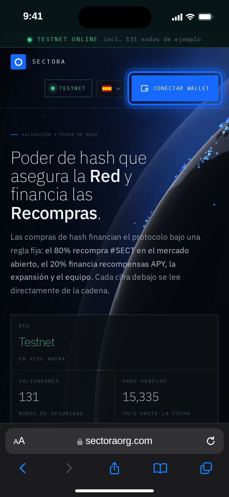En el teléfono: Conectar wallet arriba.