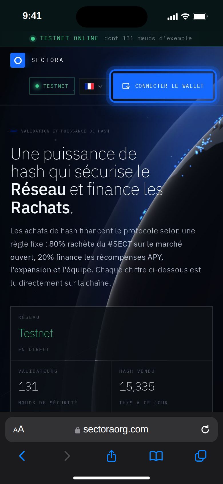 Sur téléphone : Connecter le wallet en haut.