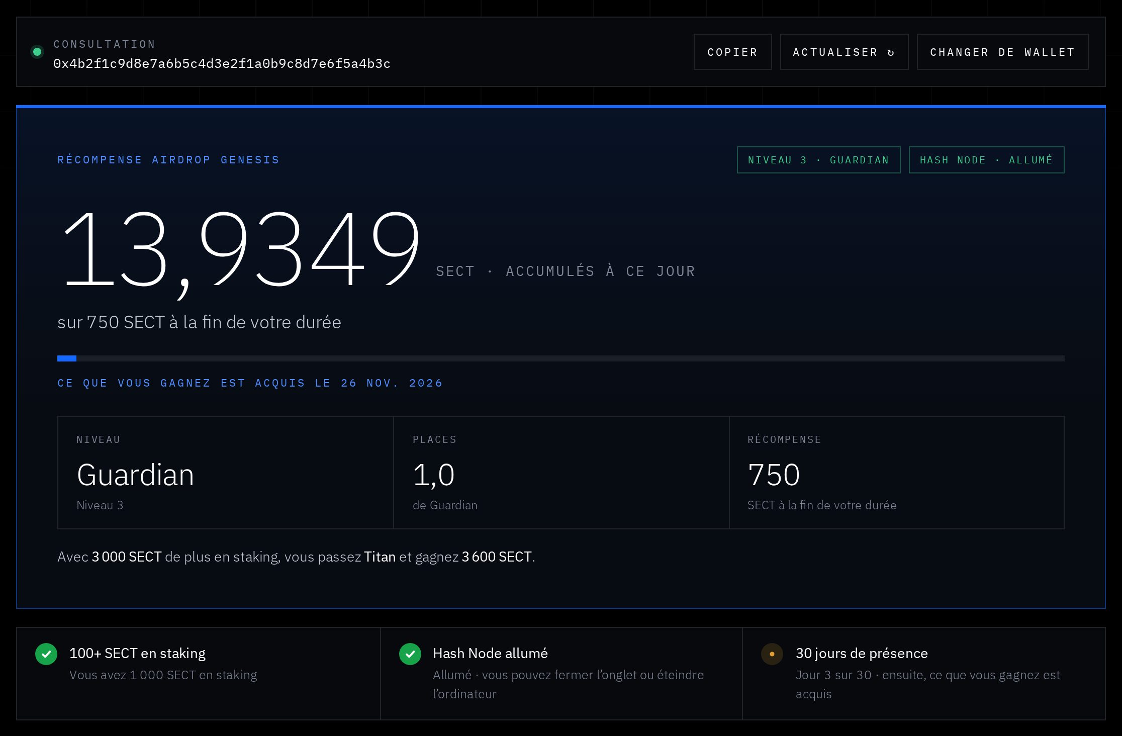 Exemple : 1 000 #SECT en staking = Guardian, prix 750 SECT.