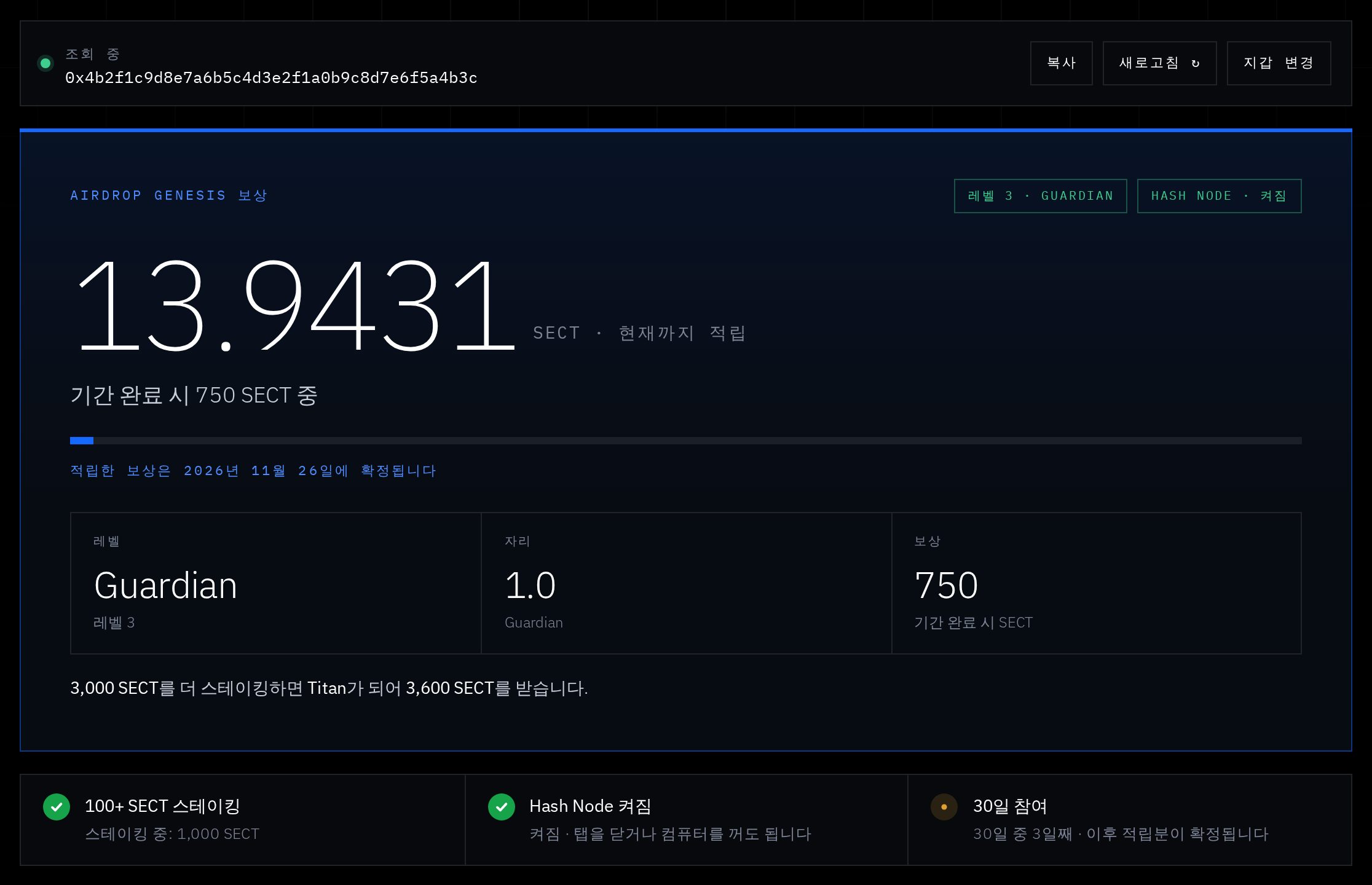 예시: 1,000 #SECT 스테이킹 = Guardian, 보상 750 SECT.